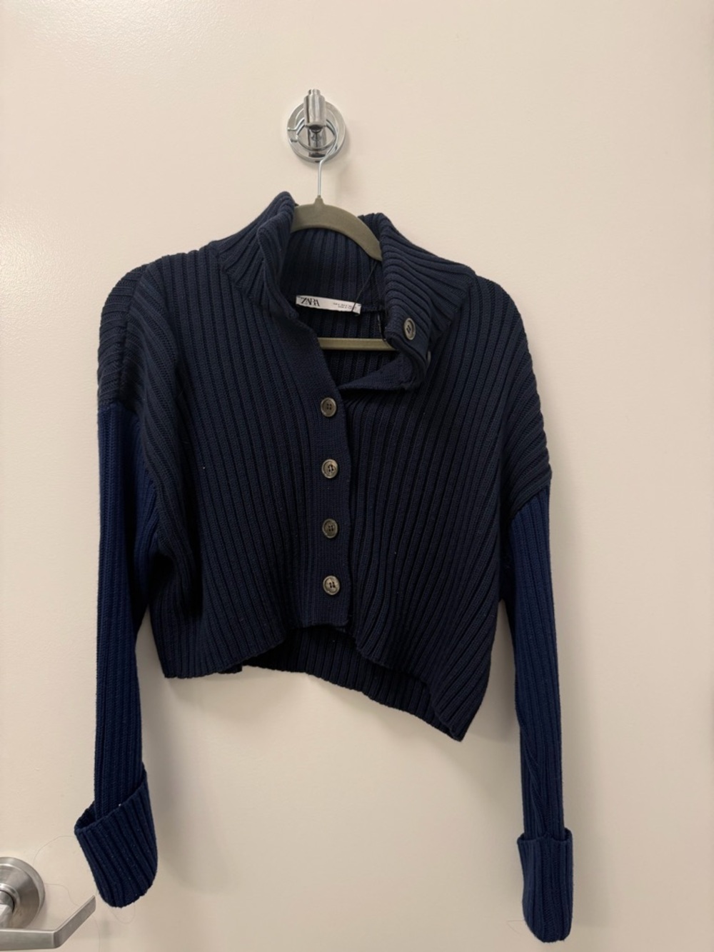 Zara Dark Navy Ribbed Button-Up Cropped Cardigan